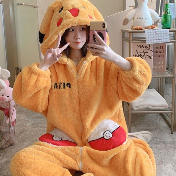 None Other - Pokemon Pikachu Pajama Robe | Unisex Nightdress PJ Plush Fleece Winter One Size